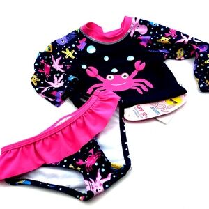 Baby Swimwear 2pc Set Size 3/6m Girls Long Sleeve Crap Eyes Fish Ruffle Children